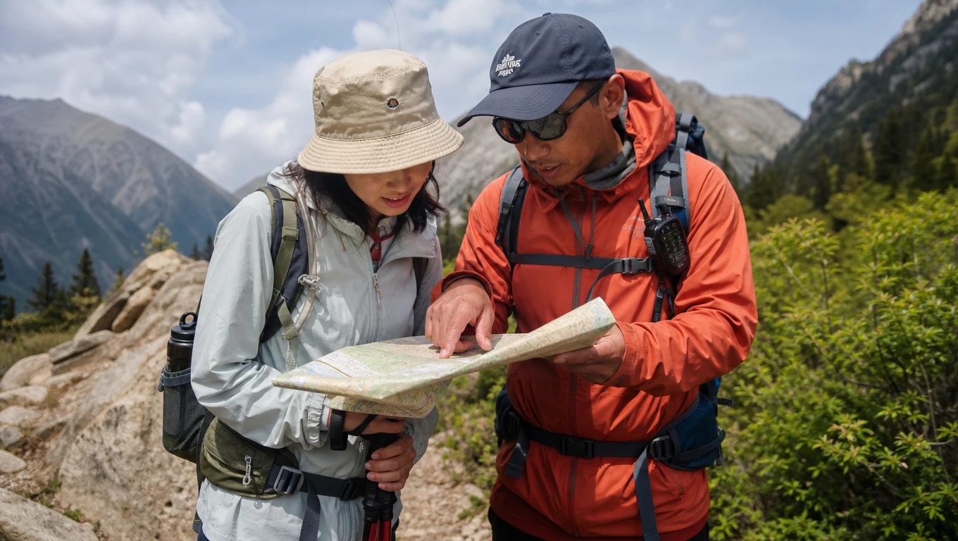 A guide and a traveller discussing a map outdoors